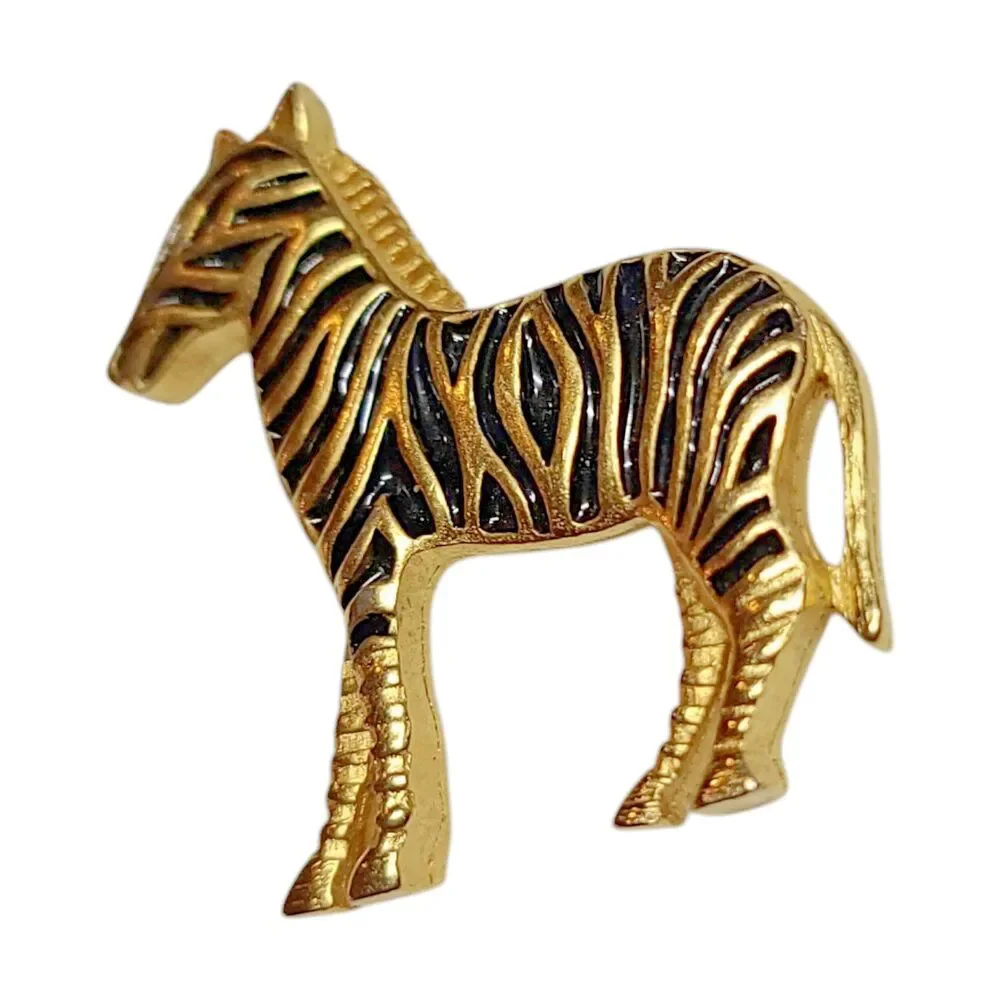 Vintage Black Stripe Enamel Gold Tone Zebra Pin Brooch Safari Animal